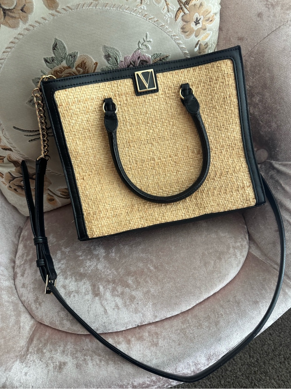 Victoria's Secret Black Trim Straw Crossbody Tote